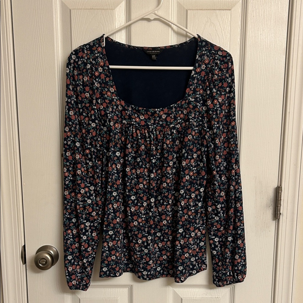 Lucky Brand Navy Green Floral Long Sleeve Blouse Cotton-blend Size Medium